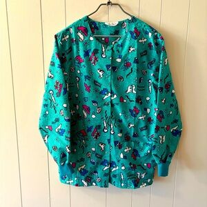 Kismet Teal Button Down medical scrub top with Colorful Print Medium Womens EUC